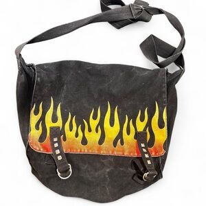 Women’s Black and orange flame messenger grunge studded bag